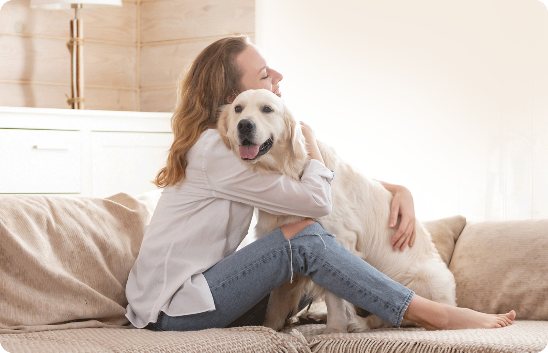 Dog being hugged by a woman on a couch